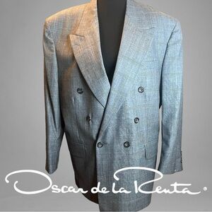 Men's 42S  Oscar De La Renta Gray Plaid Double-Breasted Suit Jacket Blazer